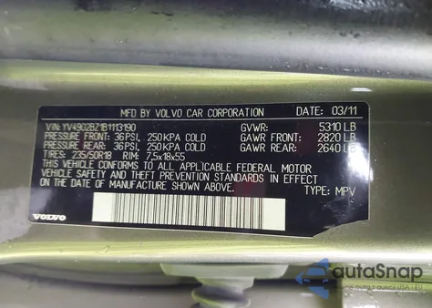 2011 Volvo Xc70 T6 from USA, damaged, VIN YV4902BZ1B1113190